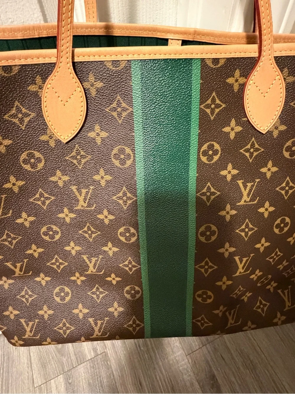 Louis Vuitton Neverfull GM Monogram Tote with Green Stripe personalized 100%auth